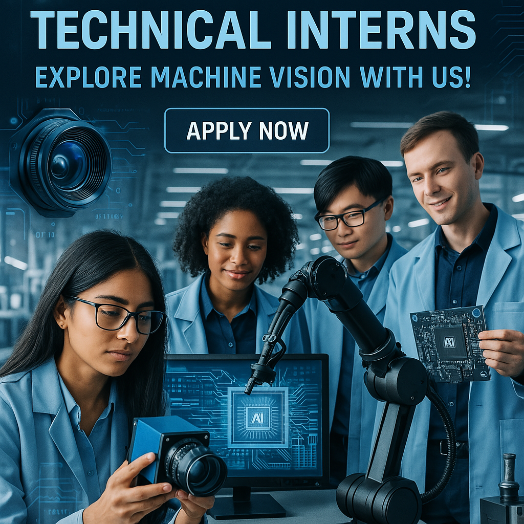 Thumbnail Image A professional recruitment poster for a technical internship at a machine vision company. The design should clearly communicate that the company is hiring technical interns. Include young, diverse candidates working with machine vision technologies such as industrial cameras, AI image processing, and robotics in a modern lab or factory setting. Prominently display the headline: 'We're Hiring Technical Interns – Explore Machine Vision with Us!' with a call-to-action button that says 'Apply Now'. Use a sleek, high-tech color palette with blue, silver, and black tones. Include visual elements like camera lenses, circuit boards, and digital overlays to emphasize the field.