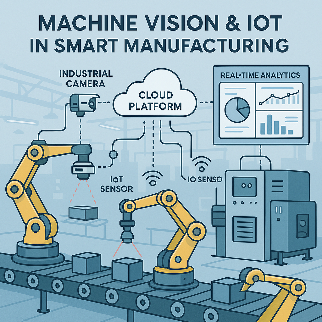 Thumbnail Image An illustration showing the integration of Machine Vision and IoT in Smart Manufacturing. The image should depict a modern factory floor with robotic arms, industrial cameras inspecting products, and IoT sensors connected to machines. Data flows from devices to a cloud platform, with real-time analytics dashboards. The style should be clean, professional, and slightly futuristic, suitable for a technical article.