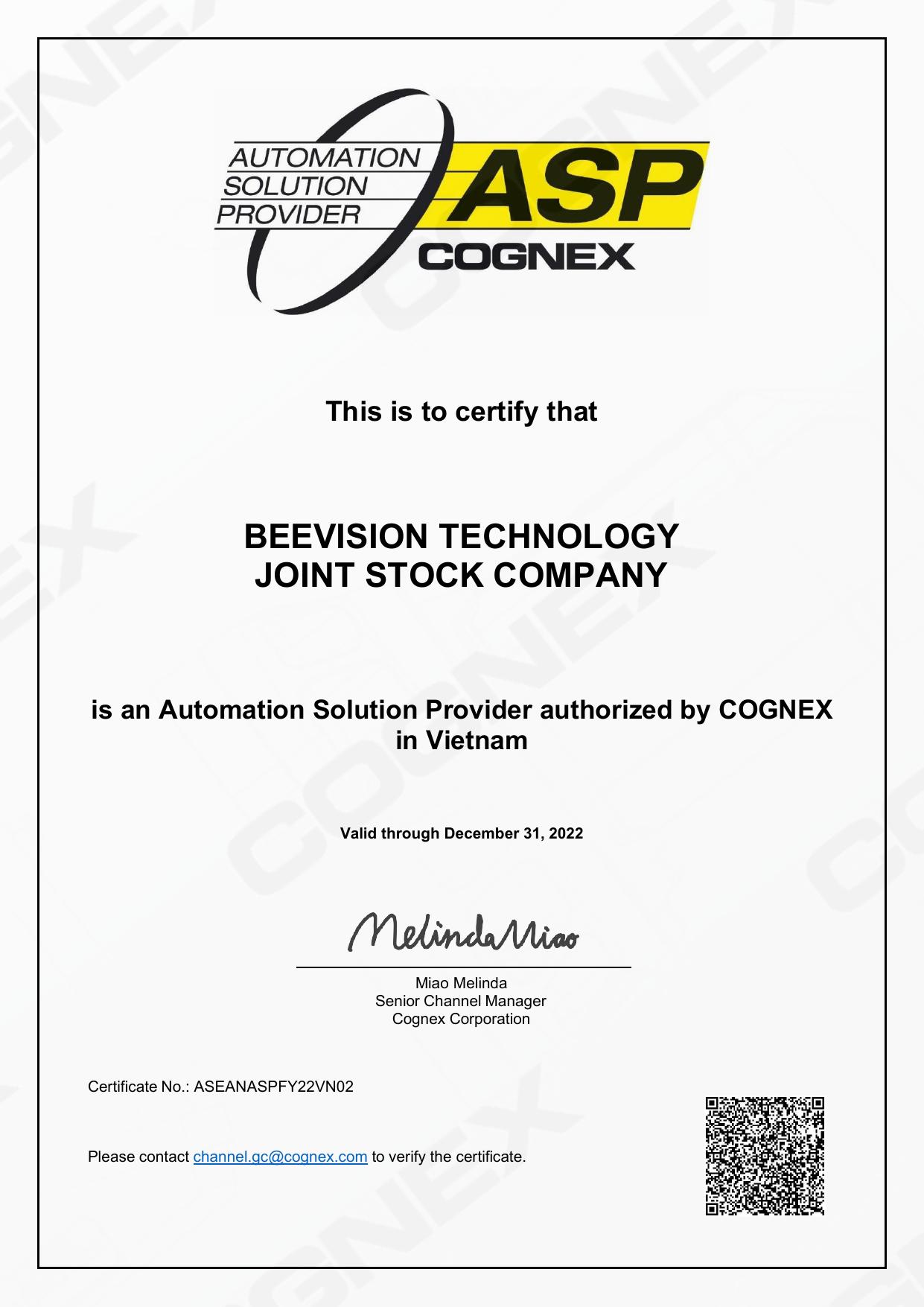 Chứng nhận Cognex ASP BeeVision 2022