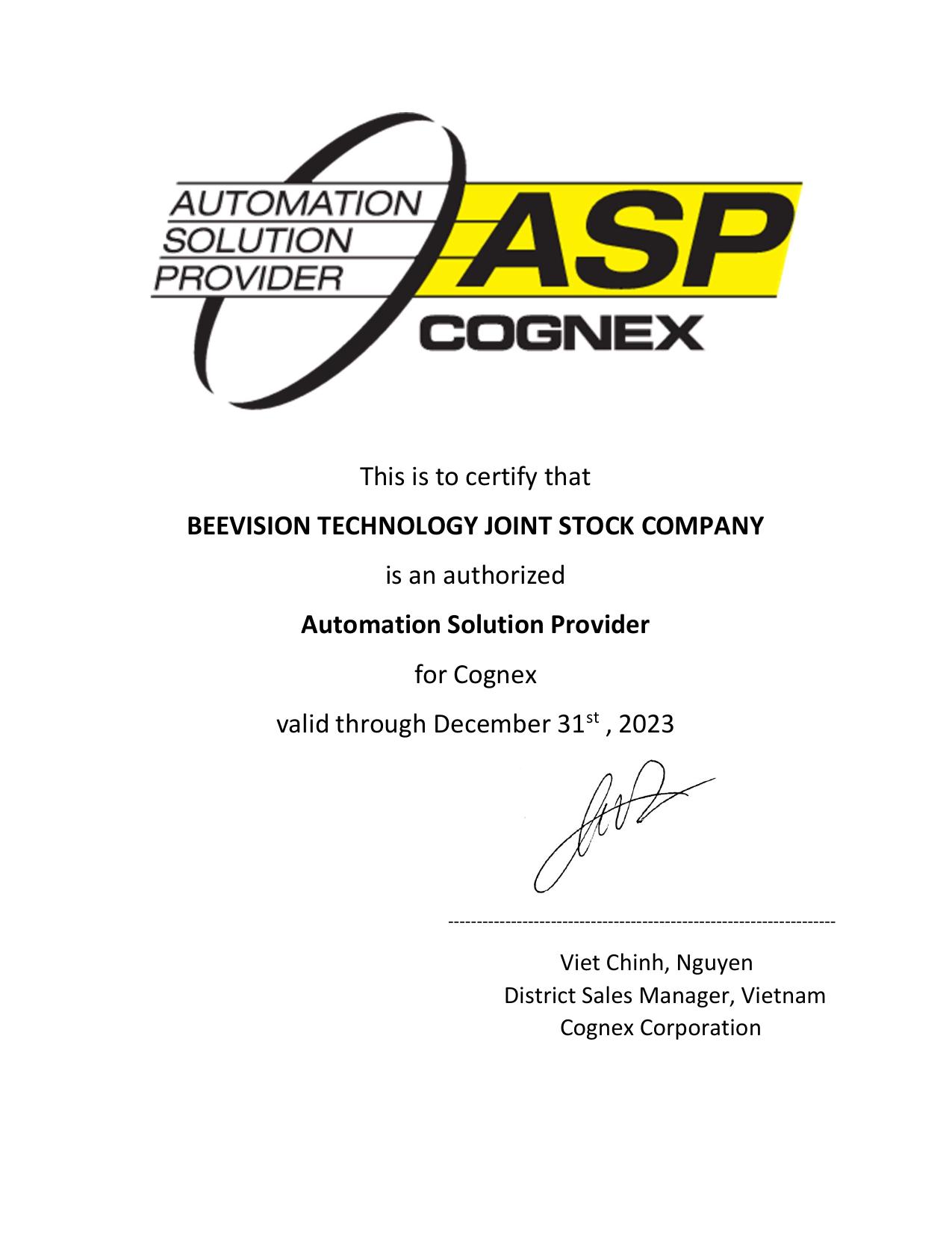 Chứng nhận Cognex ASP BeeVision 2023