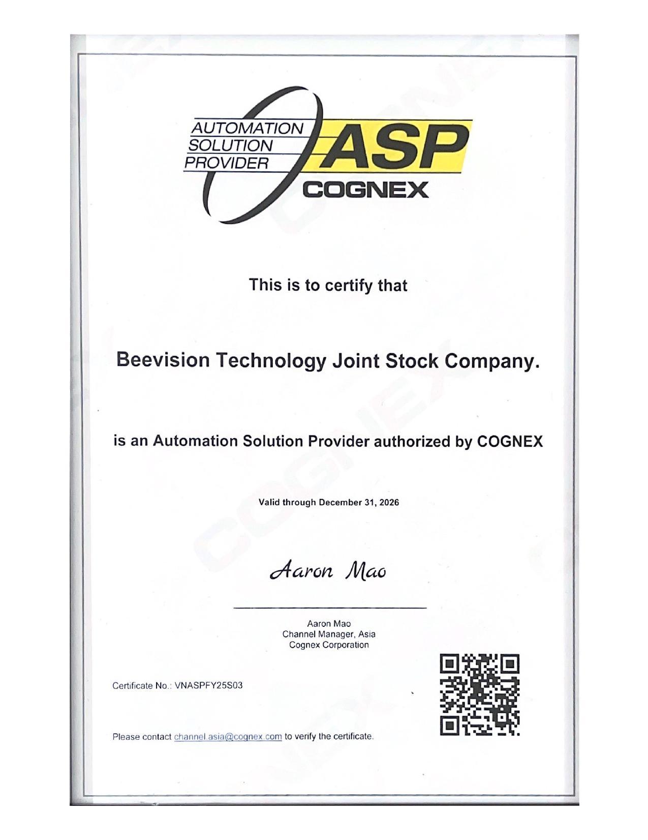 Chứng nhận Cognex ASP BeeVision 2026