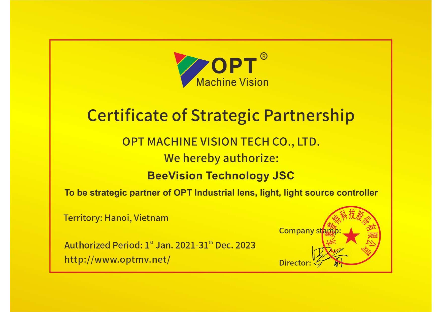 Chứng nhận đối tác chiến lược OPT Machine Vision - BeeVision 2021-2023