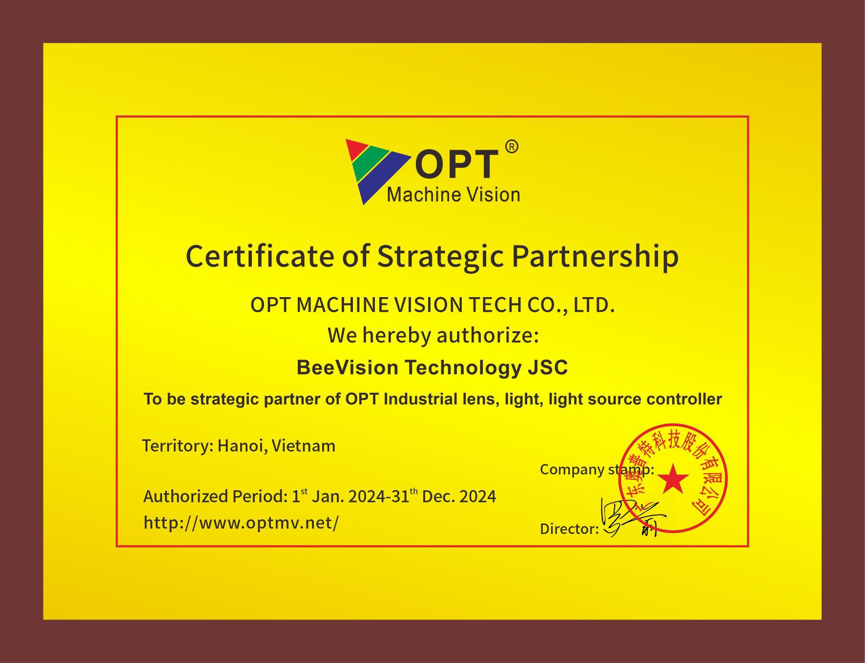 Chứng nhận đối tác chiến lược OPT Machine Vision - BeeVision 2024